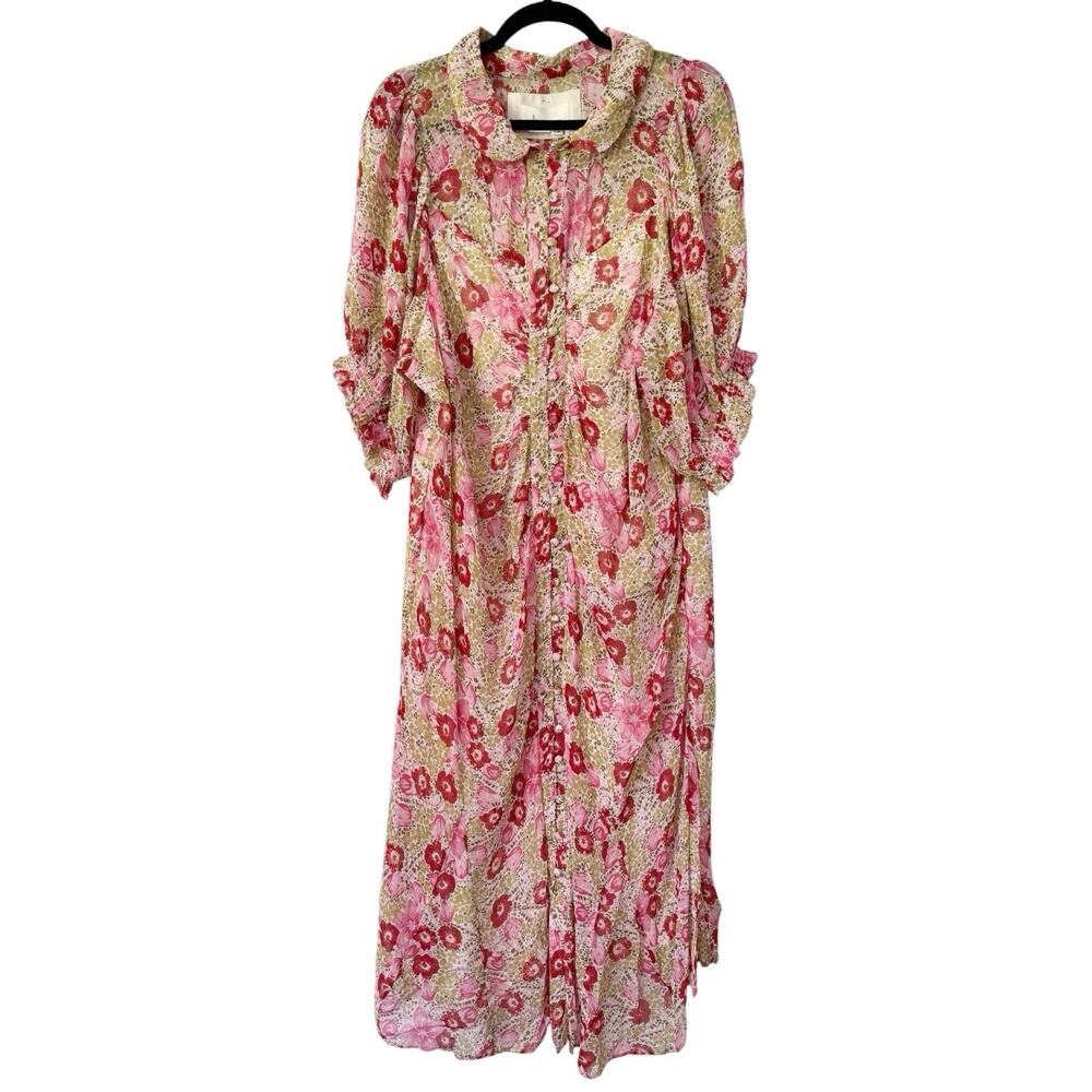 NWOT Anthropologie Puff Sleeve Ruched Mesh Button Front Midi Shirtdress Size 24W - Picture 3 of 8